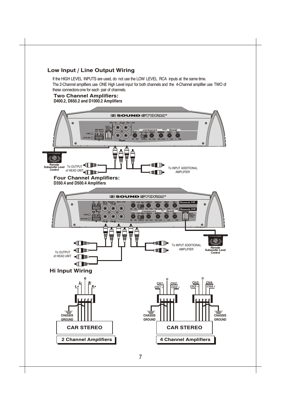 Вк 7, Low input / line output wiring, Hi input wiring | Two channel amplifiers, Four channel amplifiers, Car stereo | Sound Storm Laboratories Sound Storm Stretch Daddy D350.4 User Manual | Page 7 / 13