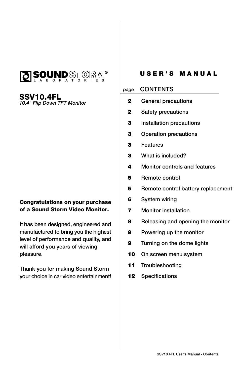 Sound Storm Laboratories SSV10.4FL User Manual | 12 pages