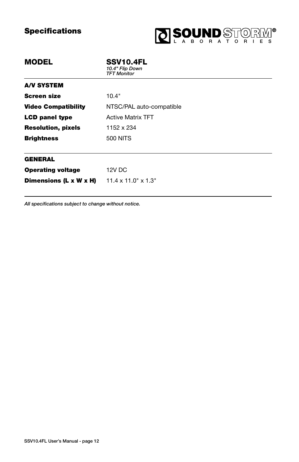 Sound Storm Laboratories SSV10.4FL User Manual | Page 12 / 12