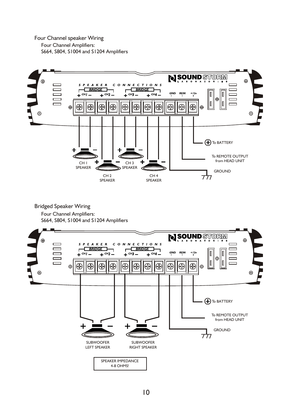 Four channel speaker wiring, Bridged speaker wiring | Sound Storm Laboratories Amplifiers User Manual | Page 10 / 13