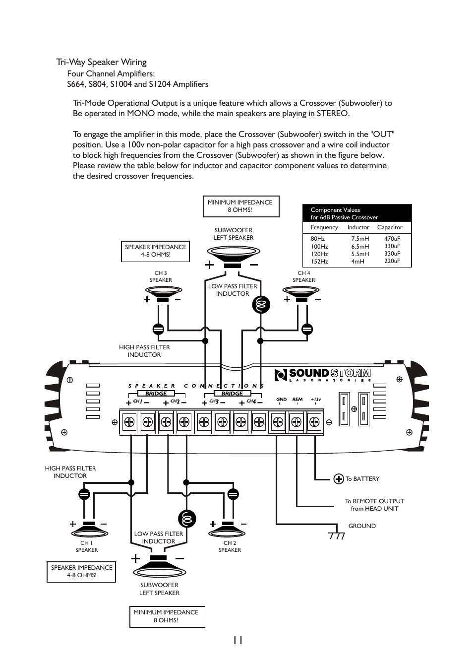 Tri-way speaker wiring | Sound Storm Laboratories Amplifiers User Manual | Page 11 / 13