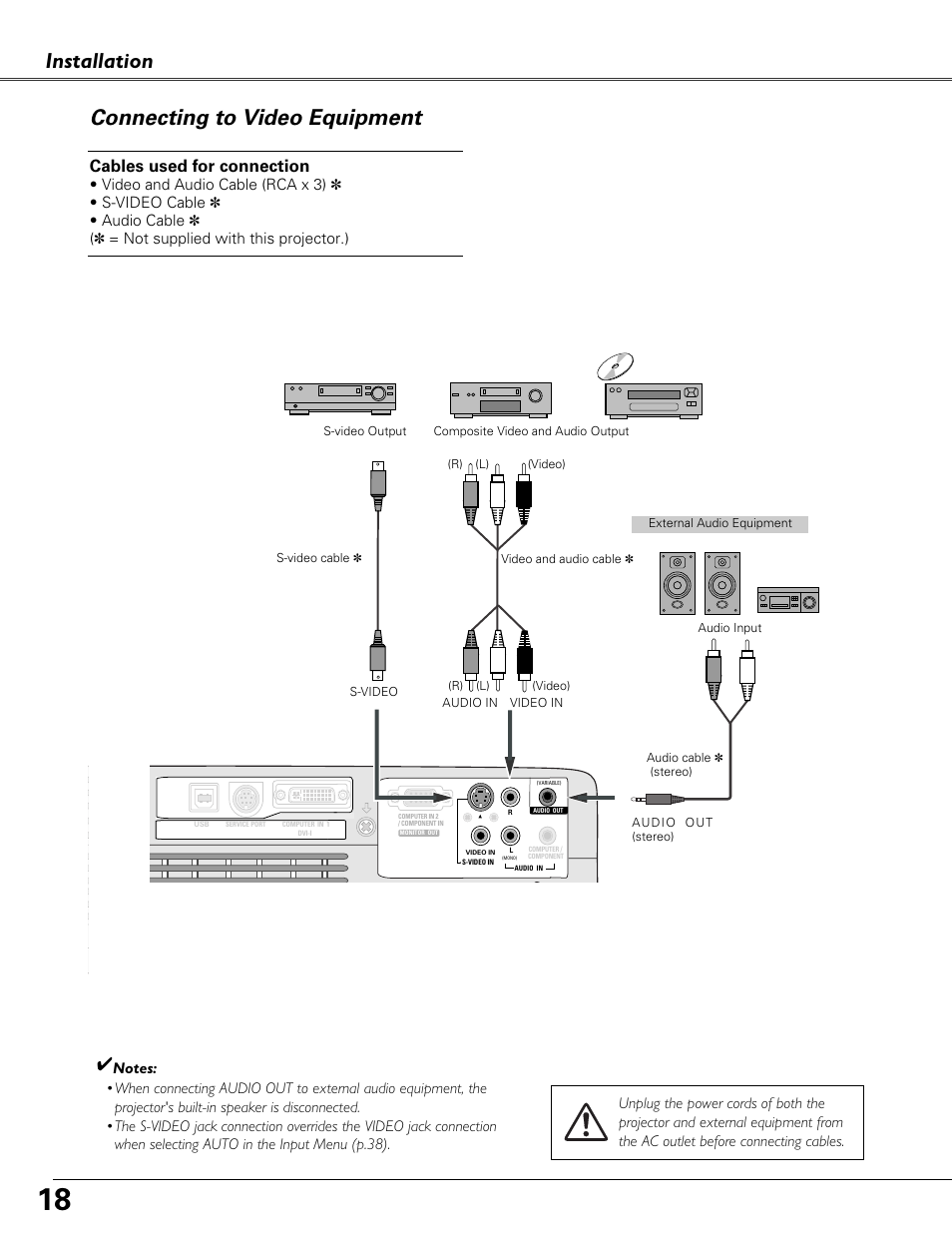 Connecting to video equipment, Installation, Cables used for connection | Sound Storm Laboratories PLC-XU84 User Manual | Page 18 / 73
