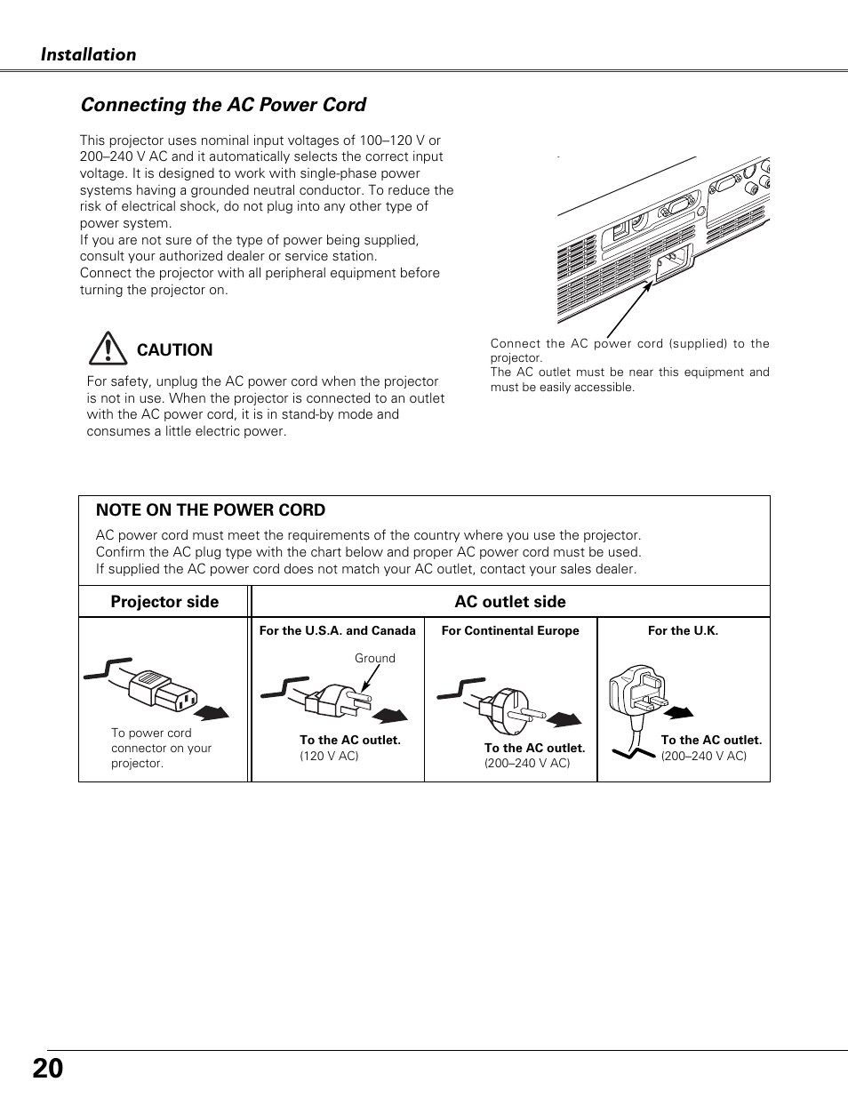 Connecting the ac power cord, Installation connecting the ac power cord | Sound Storm Laboratories PLC-XU84 User Manual | Page 20 / 73