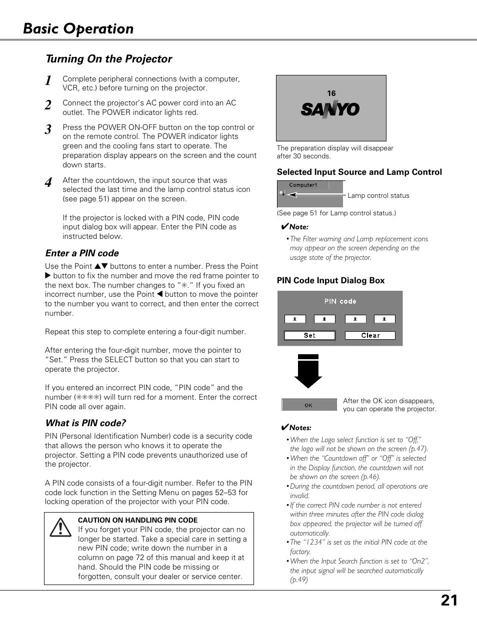 Basic operation, Turning on the projector | Sound Storm Laboratories PLC-XU84 User Manual | Page 21 / 73