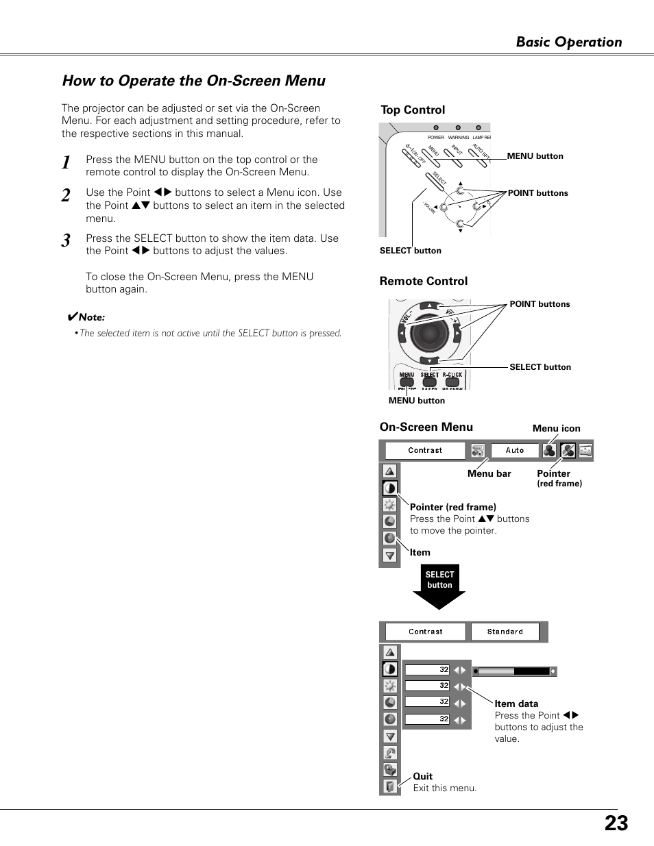 How to operate the on-screen menu, Basic operation how to operate the on-screen menu, On-screen menu | Top control, Remote control | Sound Storm Laboratories PLC-XU84 User Manual | Page 23 / 73