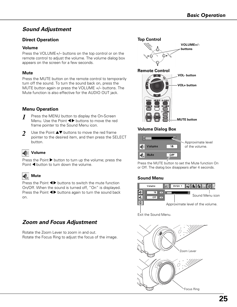 Sound adjustment, Zoom and focus adjustment, Basic operation | Sound Storm Laboratories PLC-XU84 User Manual | Page 25 / 73