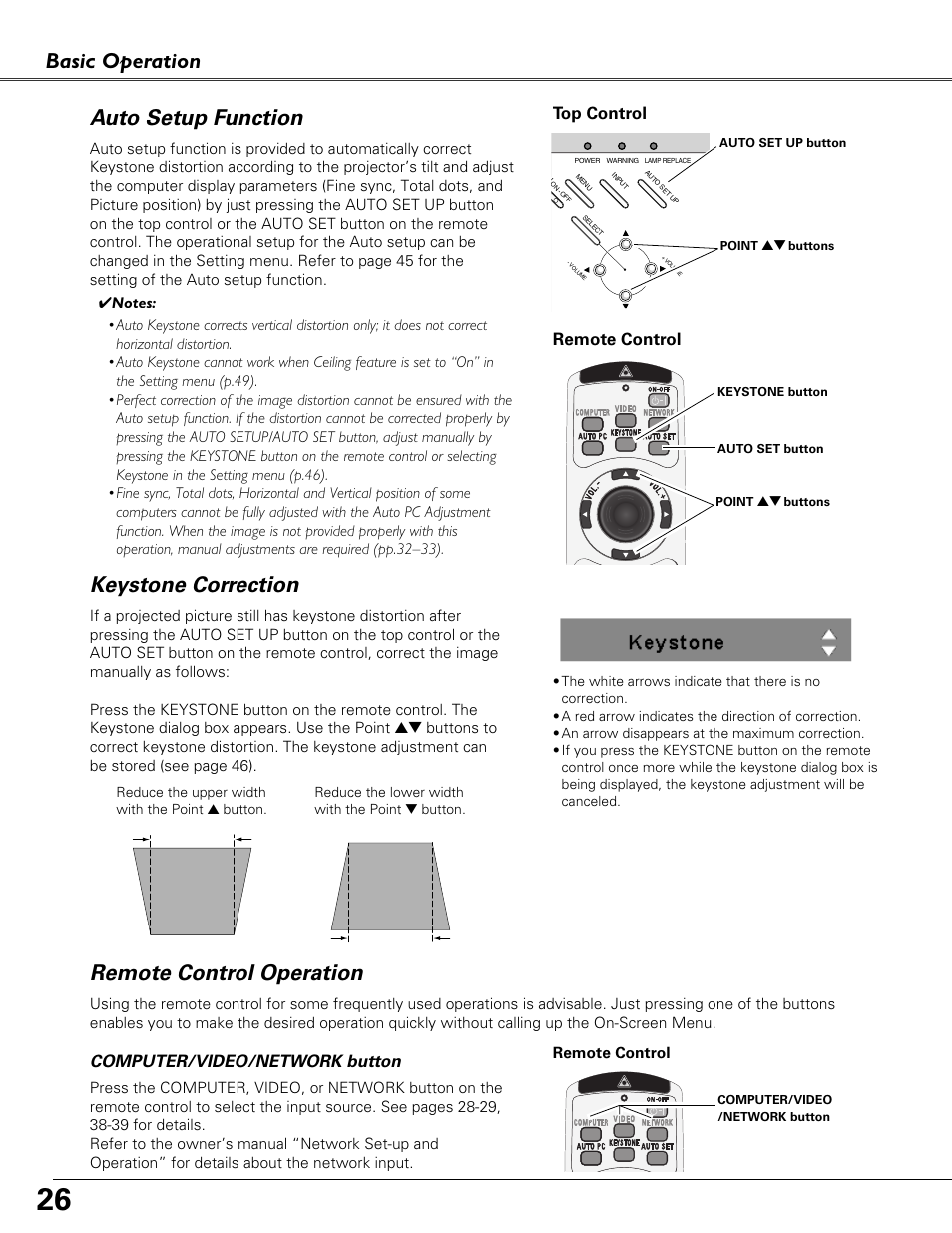 Auto setup function, Keystone correction, Remote control operation | Basic operation, Keystone correction auto setup function, Top control, Computer/video/network button remote control | Sound Storm Laboratories PLC-XU84 User Manual | Page 26 / 73