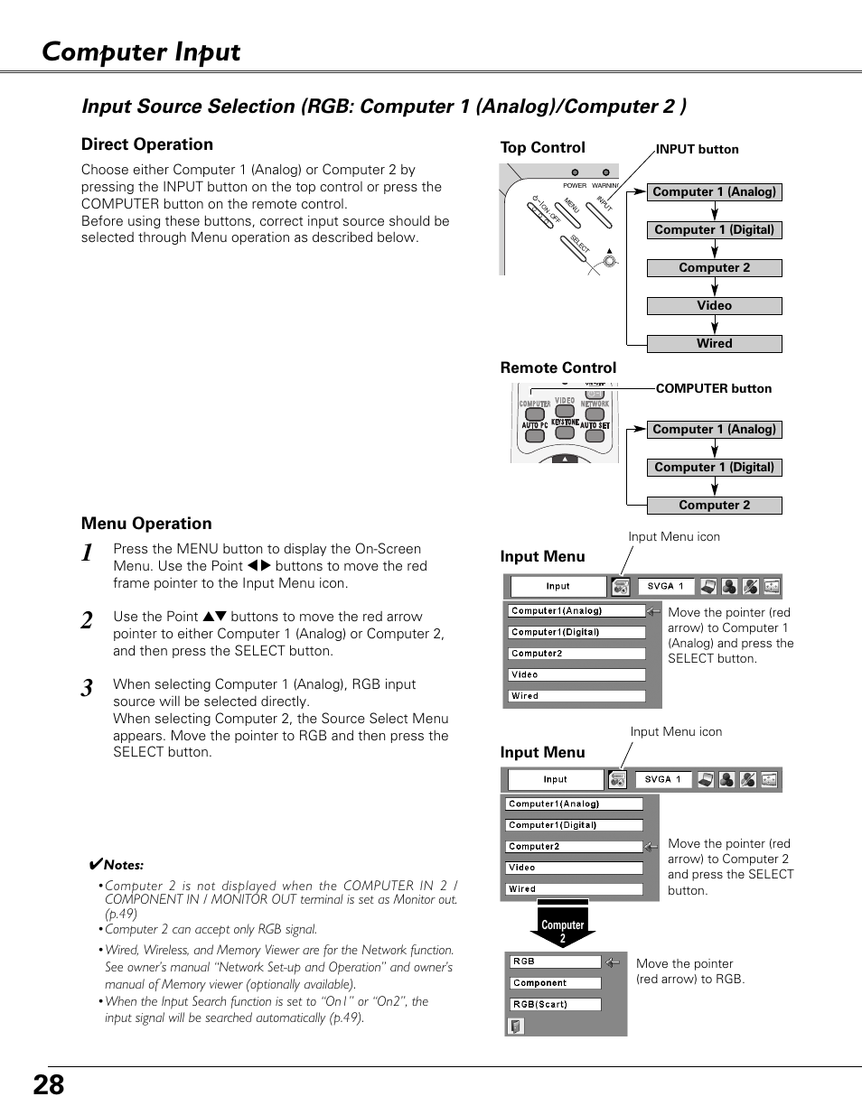 Computer input, Input source selection, Rgb: computer 1 (analog)/computer 2 ) | Sound Storm Laboratories PLC-XU84 User Manual | Page 28 / 73