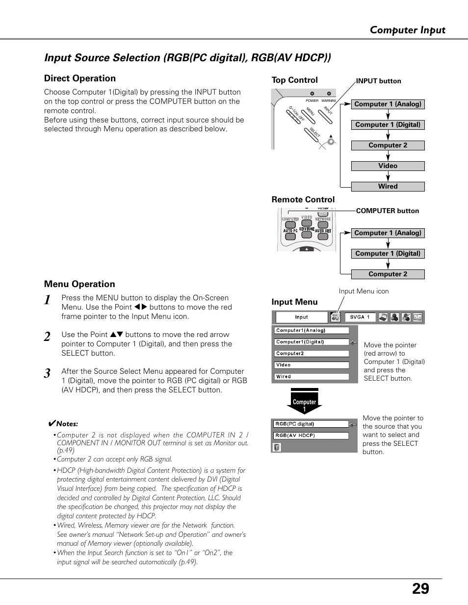 Input source selection, Rgb(pc digital), rgb(av hdcp)), Computer input | Sound Storm Laboratories PLC-XU84 User Manual | Page 29 / 73