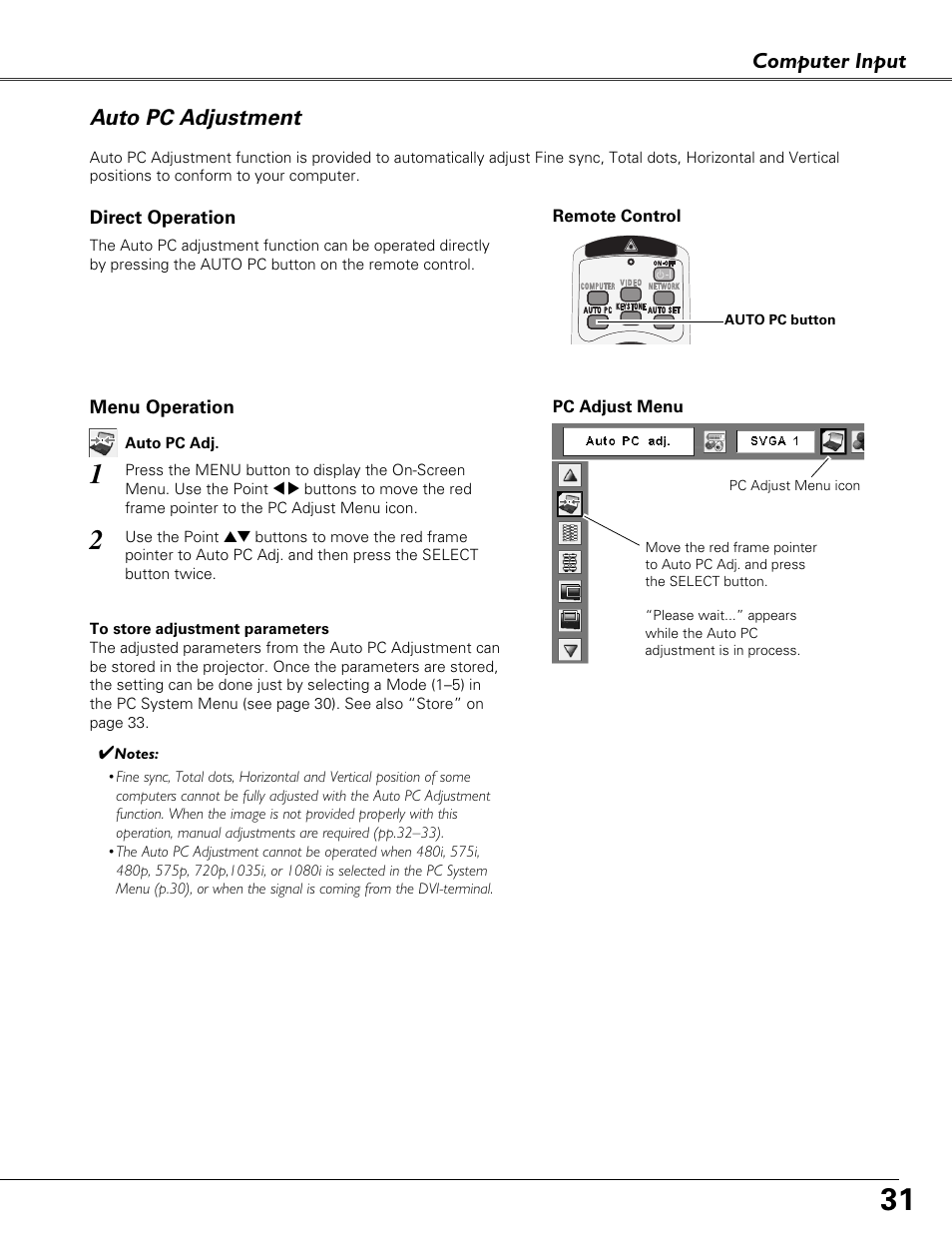 Auto pc adjustment, Computer input | Sound Storm Laboratories PLC-XU84 User Manual | Page 31 / 73