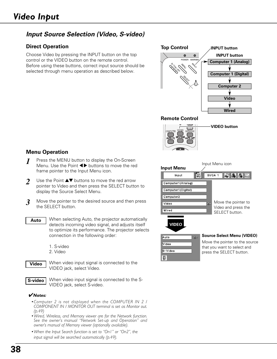 Video input, Input source selection (video, s-video) | Sound Storm Laboratories PLC-XU84 User Manual | Page 38 / 73