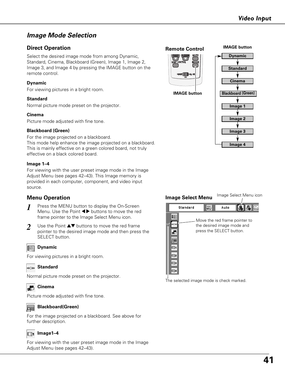 Image mode selection, Video input | Sound Storm Laboratories PLC-XU84 User Manual | Page 41 / 73