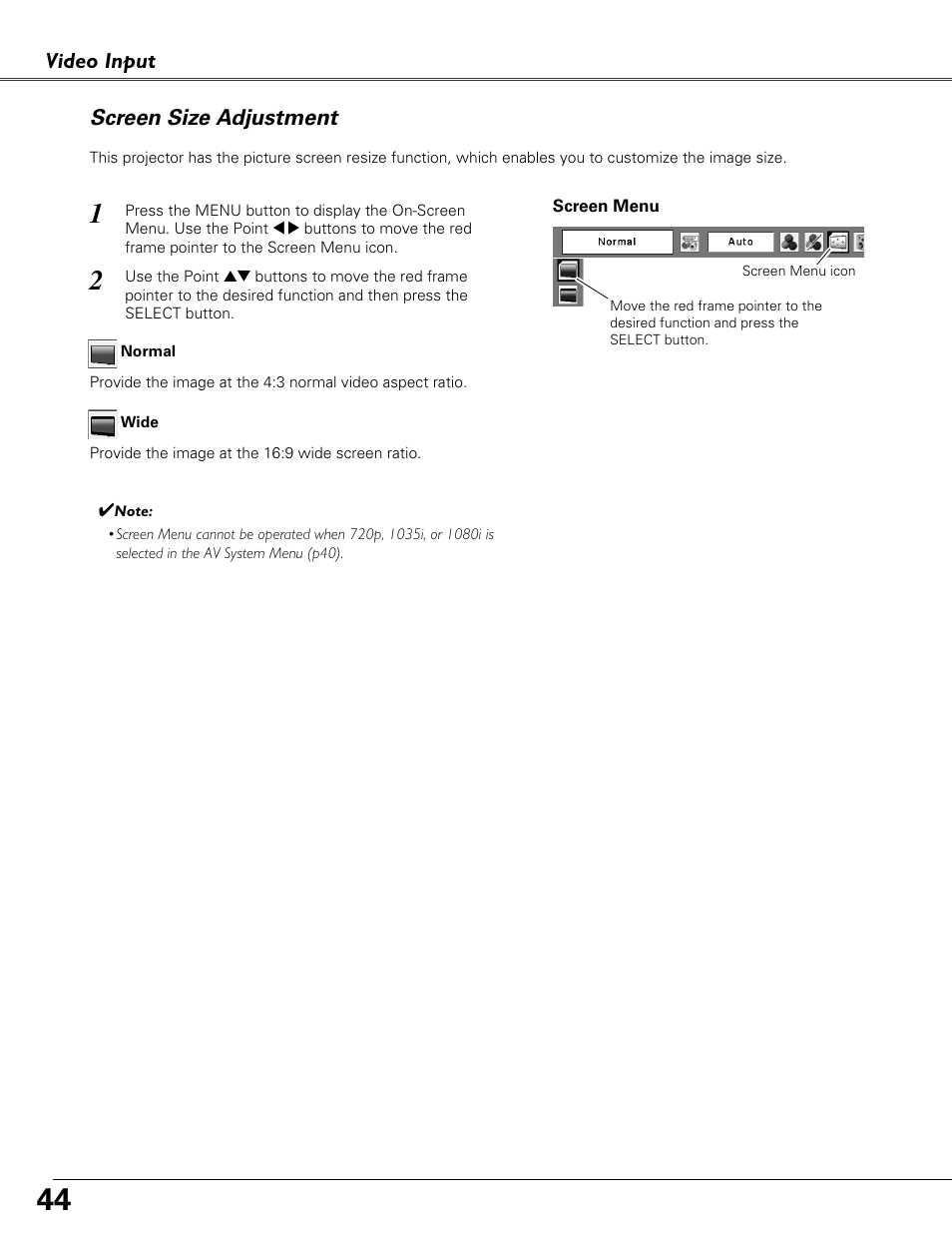 Screen size adjustment, Video input | Sound Storm Laboratories PLC-XU84 User Manual | Page 44 / 73