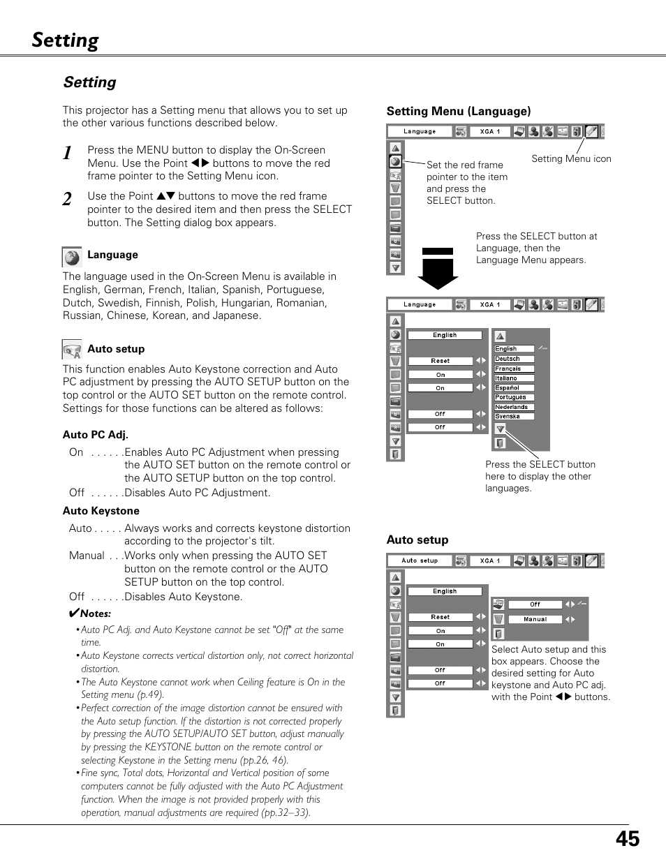 Setting | Sound Storm Laboratories PLC-XU84 User Manual | Page 45 / 73