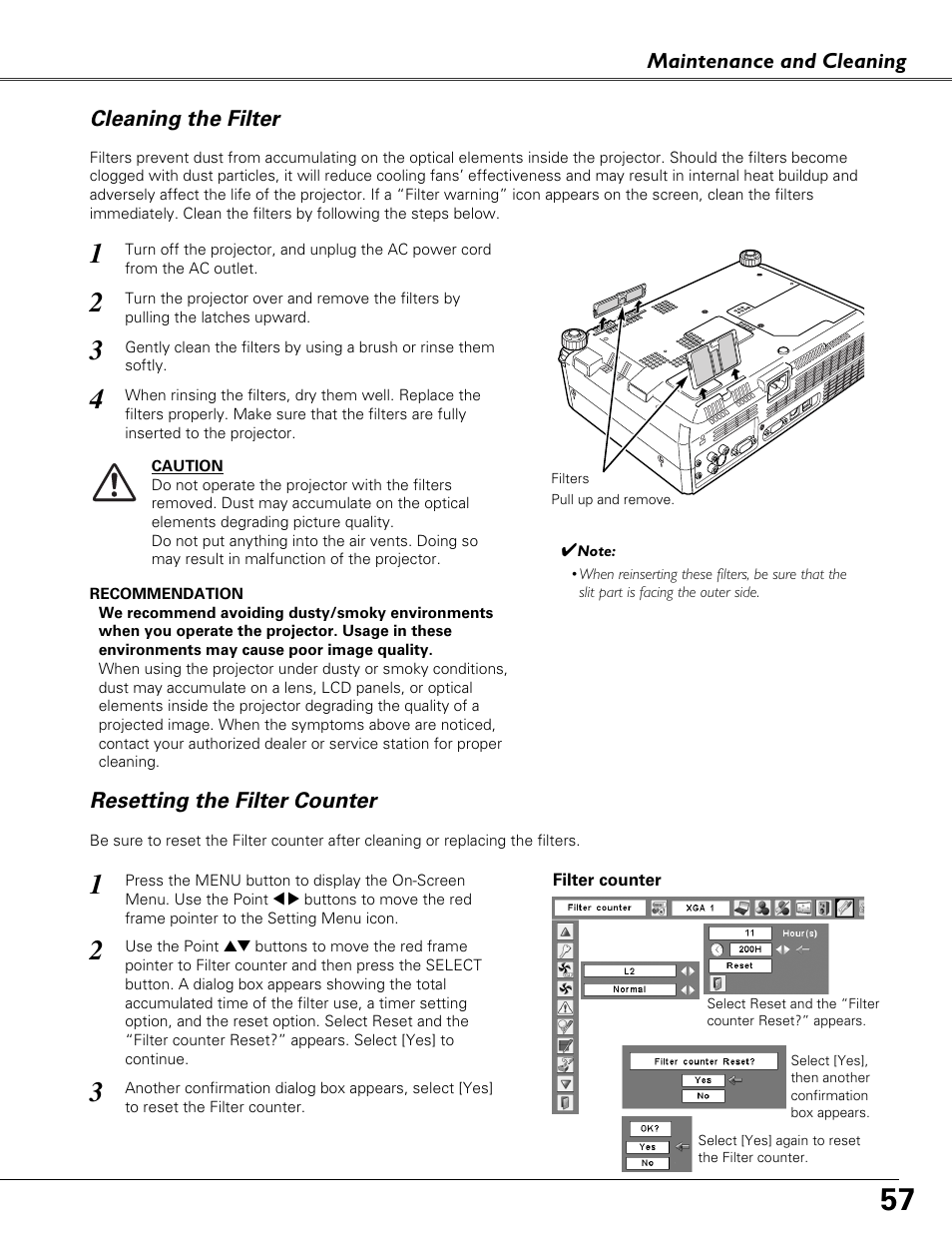 Cleaning the filter, Resetting the filter counter | Sound Storm Laboratories PLC-XU84 User Manual | Page 57 / 73