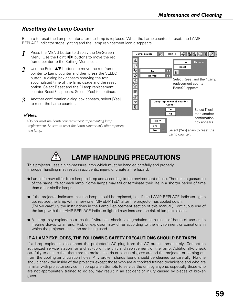 Resetting the lamp counter, Lamp handling precautions, Maintenance and cleaning | Sound Storm Laboratories PLC-XU84 User Manual | Page 59 / 73