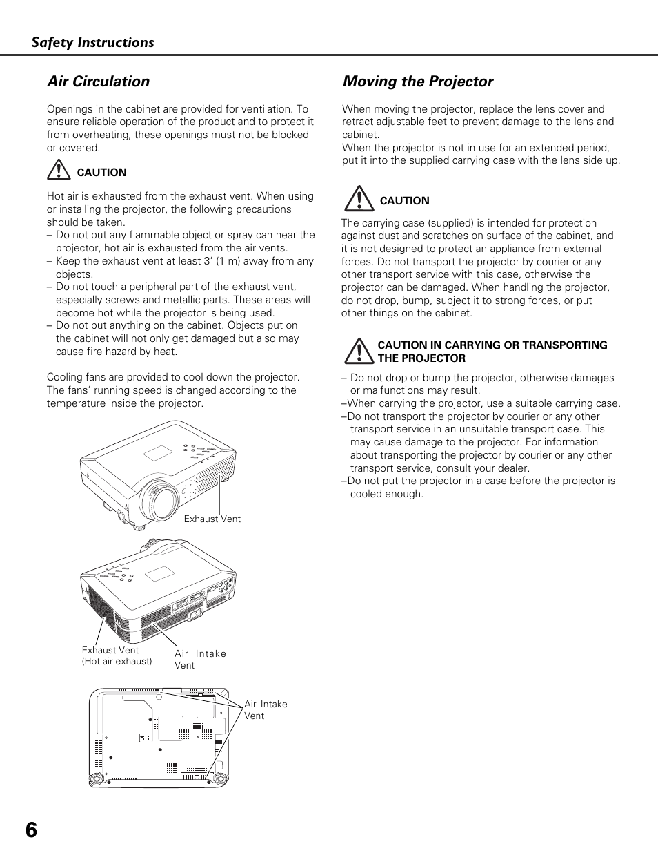 Air circulation, Moving the projector, Safety instructions | Sound Storm Laboratories PLC-XU84 User Manual | Page 6 / 73