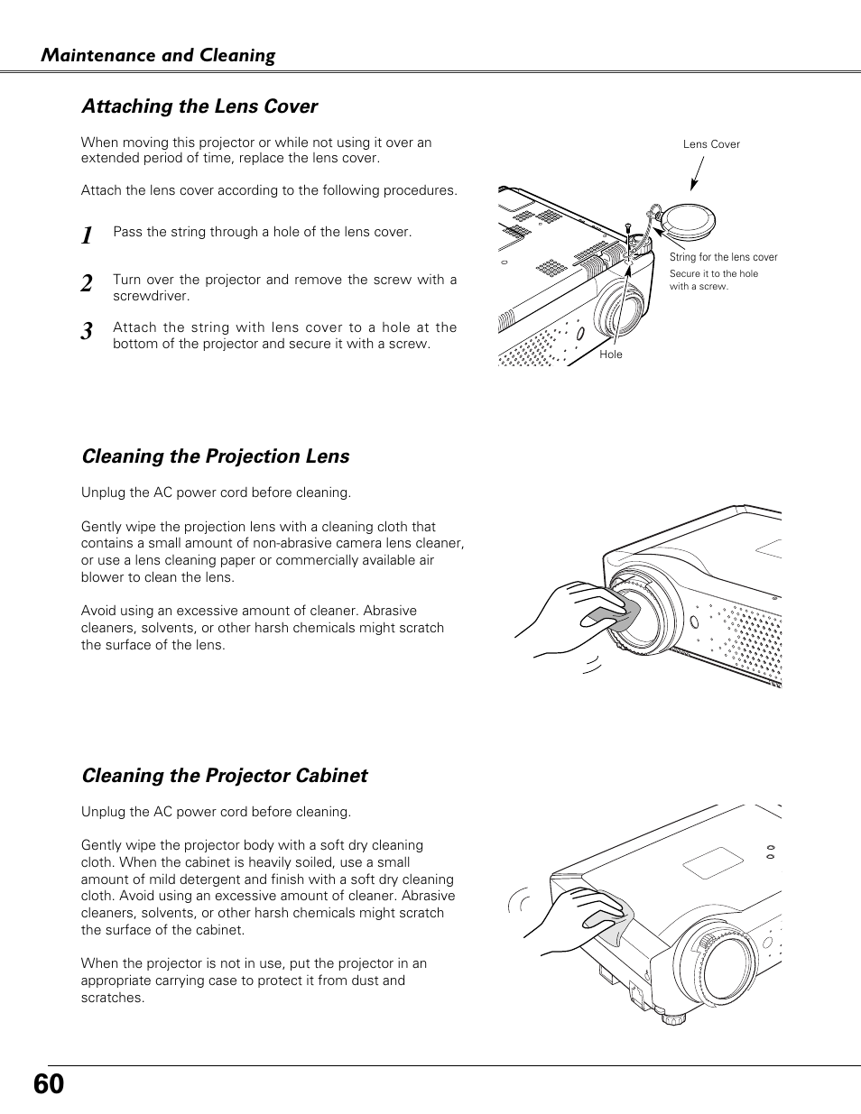 Attaching the lens cover, Cleaning the projection lens, Cleaning the projector cabinet | Sound Storm Laboratories PLC-XU84 User Manual | Page 60 / 73