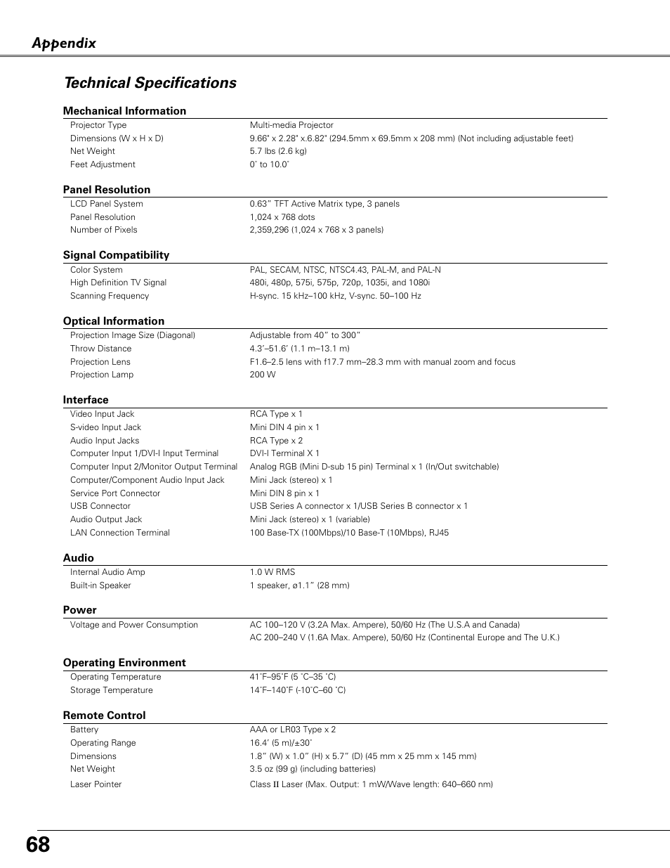 Technical specifications, Appendix technical specifications | Sound Storm Laboratories PLC-XU84 User Manual | Page 68 / 73
