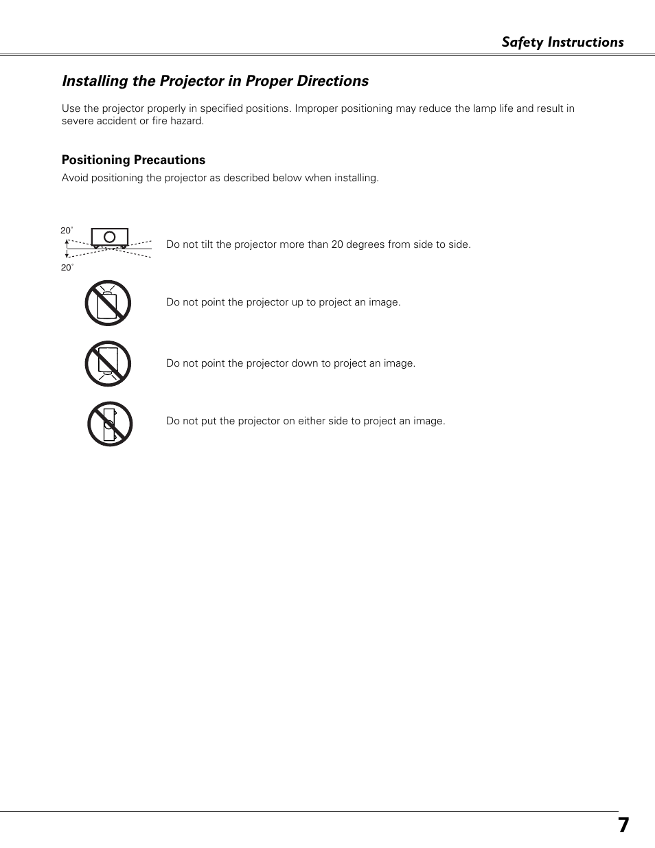 Installing the projector in proper directions, Safety instructions | Sound Storm Laboratories PLC-XU84 User Manual | Page 7 / 73