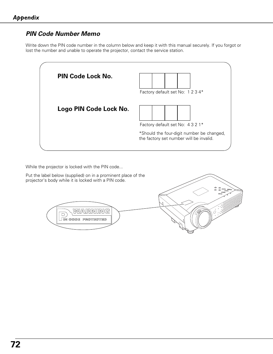 Pin code number memo | Sound Storm Laboratories PLC-XU84 User Manual | Page 72 / 73