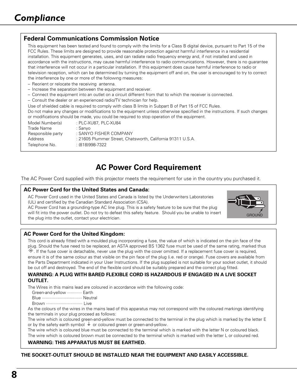 Compliance, 8compliance, Ac power cord requirement | Federal communications commission notice | Sound Storm Laboratories PLC-XU84 User Manual | Page 8 / 73