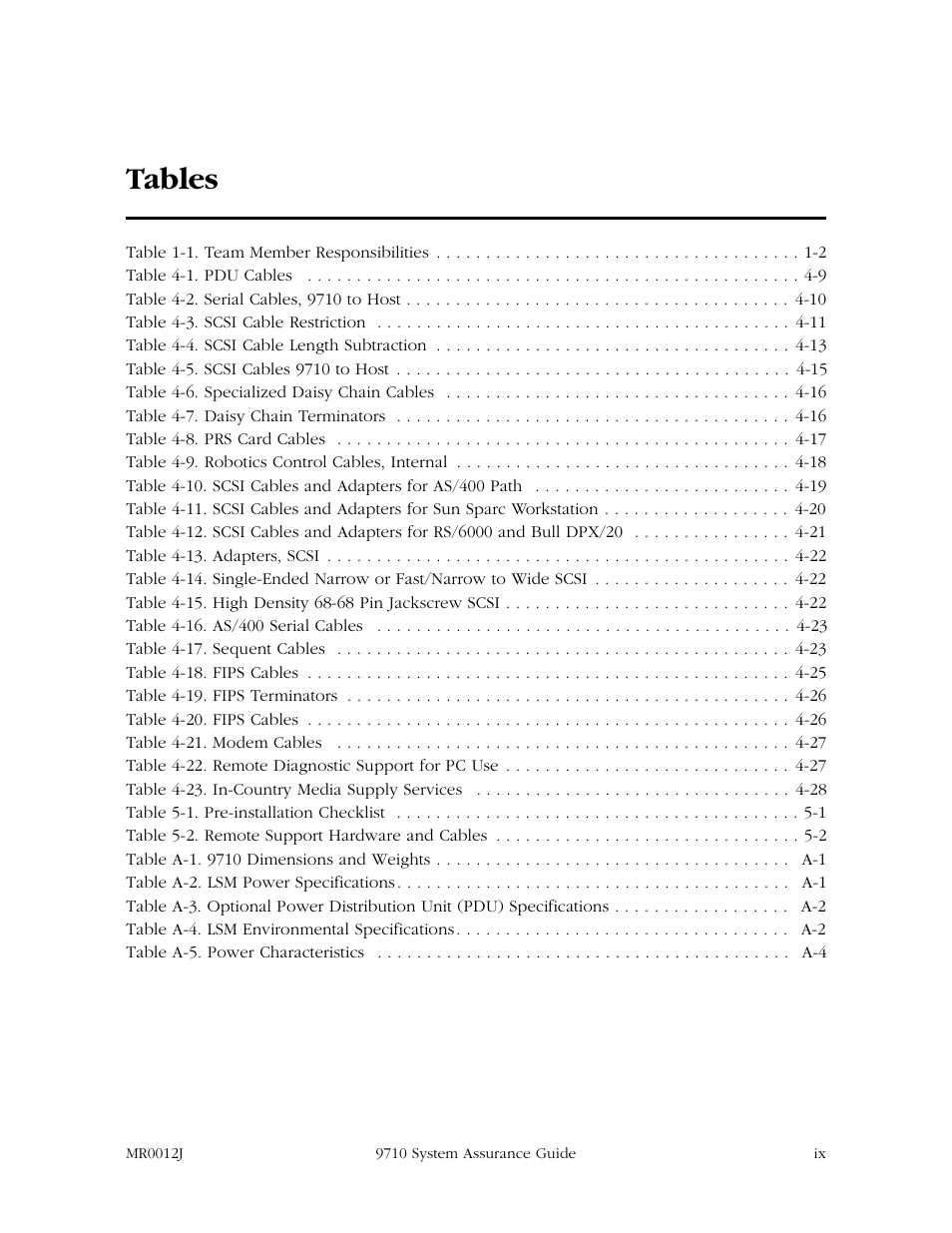 Tables | StorageTek 9710 User Manual | Page 11 / 86