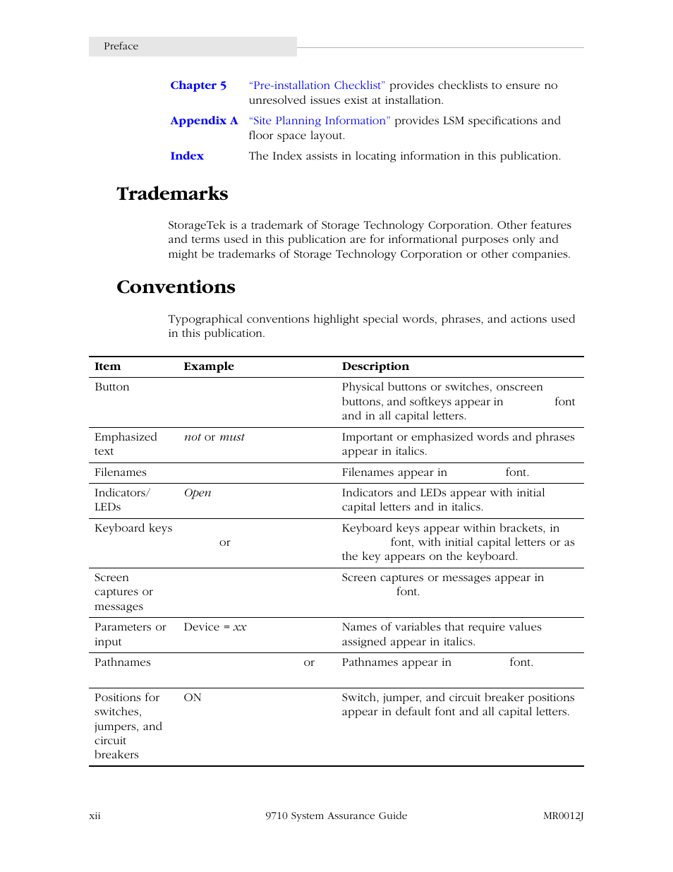 Trademarks, Conventions | StorageTek 9710 User Manual | Page 14 / 86