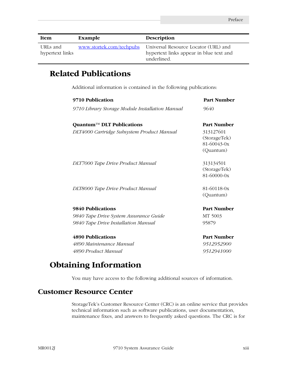 Related publications, Obtaining information, Customer resource center | StorageTek 9710 User Manual | Page 15 / 86