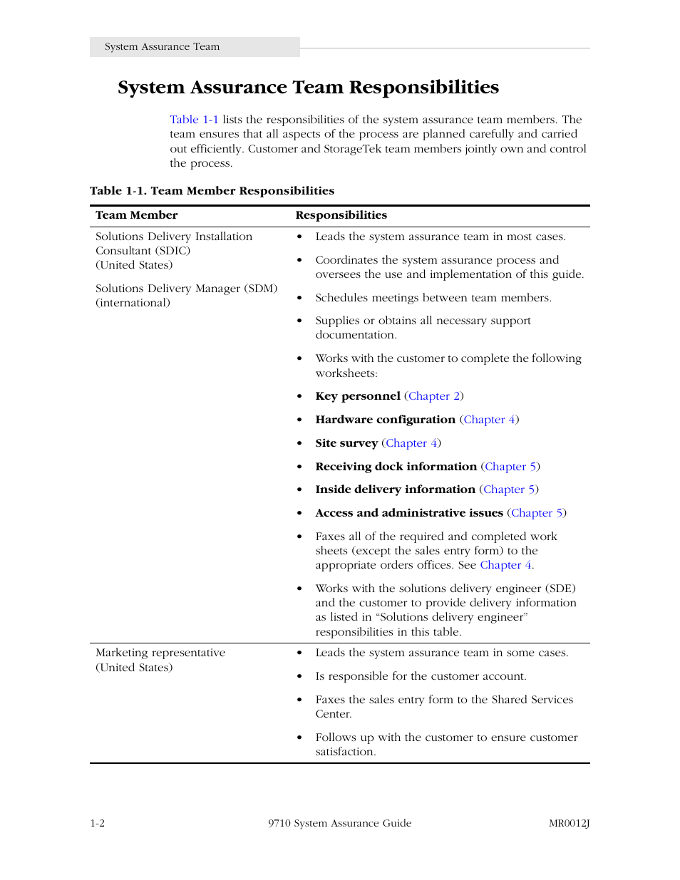 System assurance team responsibilities, System assurance team responsibilities -2, Table 1-1. team member responsibilities -2 | StorageTek 9710 User Manual | Page 20 / 86