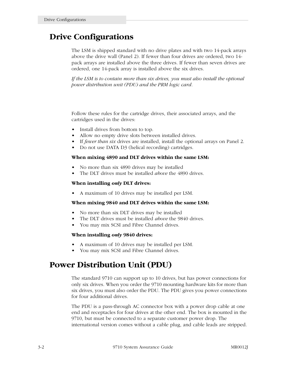 Drive configurations, Power distribution unit (pdu) | StorageTek 9710 User Manual | Page 30 / 86
