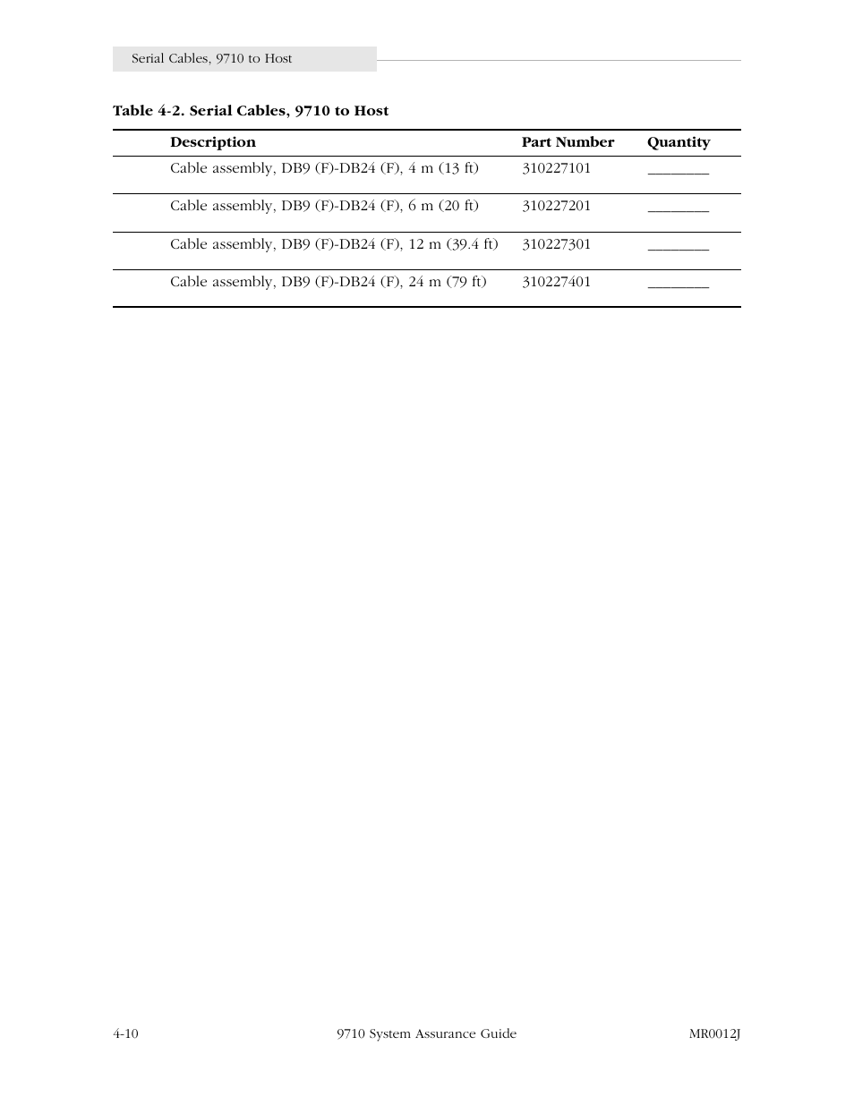 Table 4-2. serial cables, 9710 to host -10 | StorageTek 9710 User Manual | Page 50 / 86