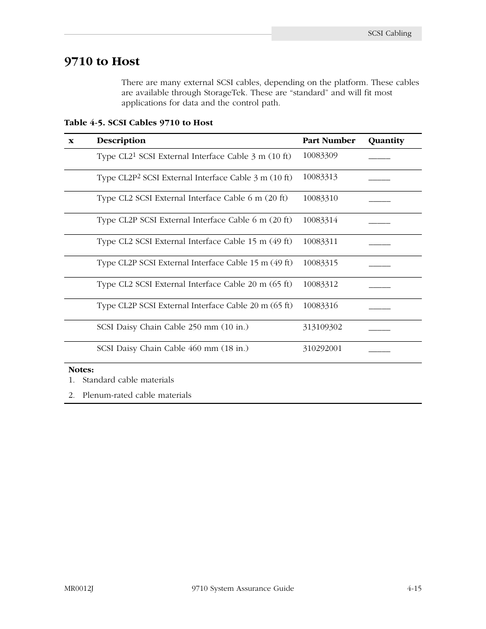 9710 to host, 9710 to host -15, Table 4-5. scsi cables 9710 to host -15 | StorageTek 9710 User Manual | Page 55 / 86