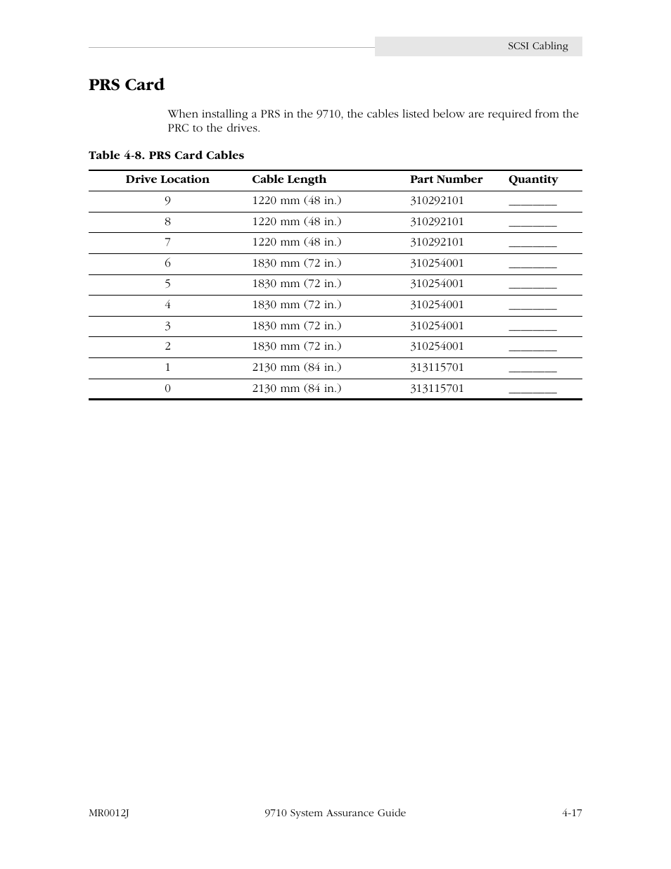 Prs card, Prs card -17, Table 4-8. prs card cables -17 | StorageTek 9710 User Manual | Page 57 / 86