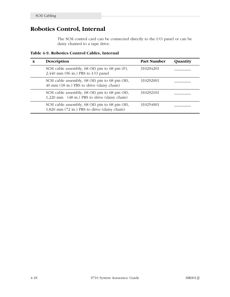 Robotics control, internal, Robotics control, internal -18, Table 4-9. robotics control cables, internal -18 | StorageTek 9710 User Manual | Page 58 / 86