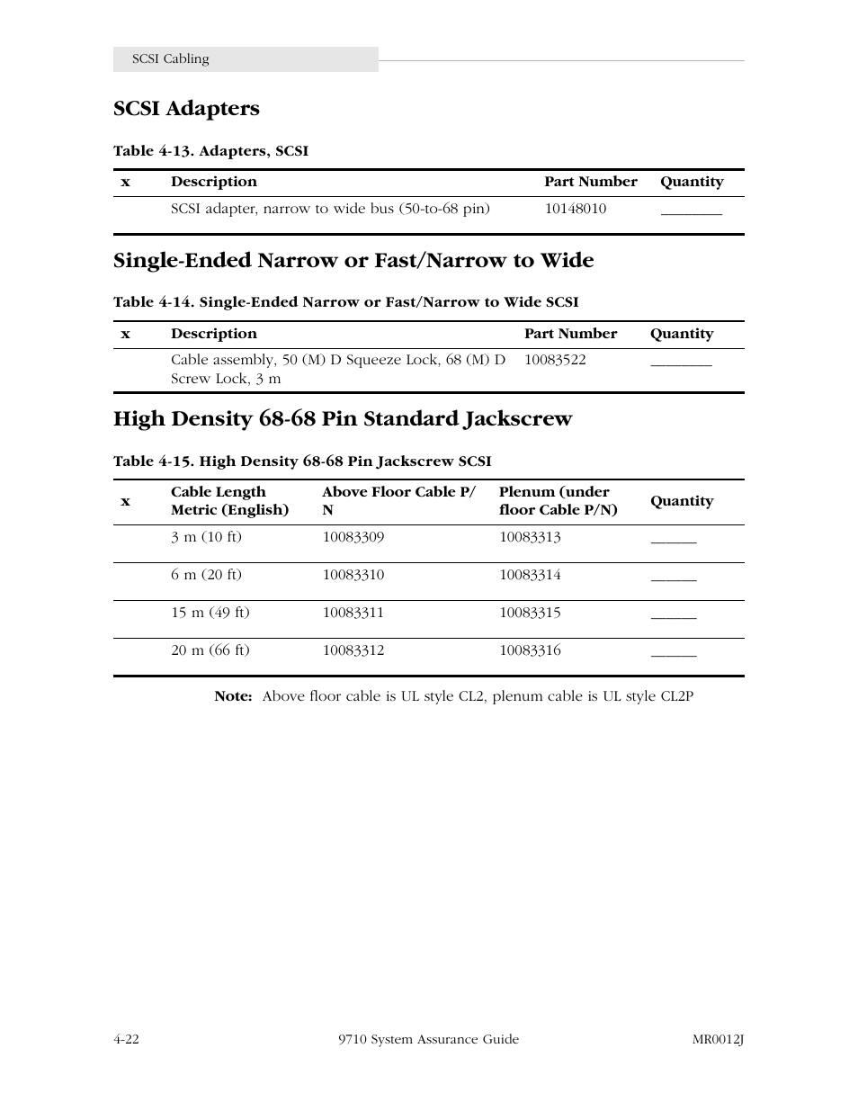 Scsi adapters, Single-ended narrow or fast/narrow to wide, High density 68-68 pin standard jackscrew | StorageTek 9710 User Manual | Page 62 / 86