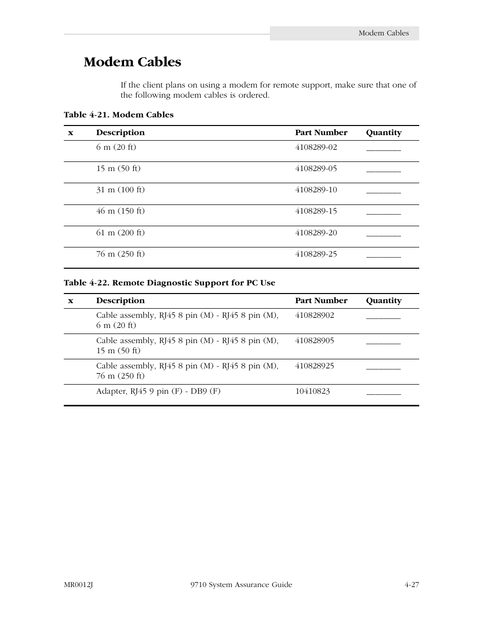 Modem cables, Modem cables -27 | StorageTek 9710 User Manual | Page 67 / 86