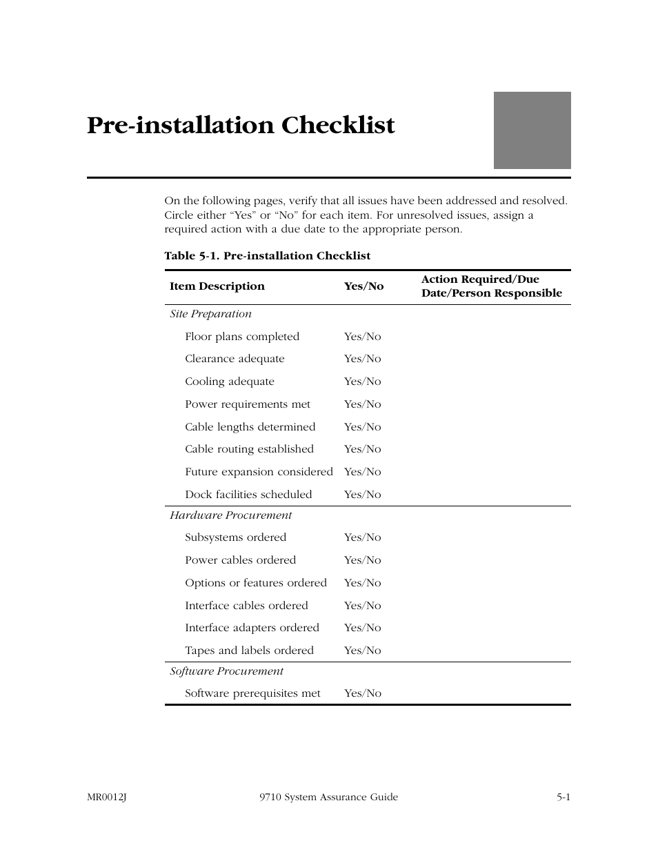 Pre-installation checklist, Pre-installation checklist -1, Table 5-1. pre-installation checklist -1 | Chapter 5 | StorageTek 9710 User Manual | Page 71 / 86