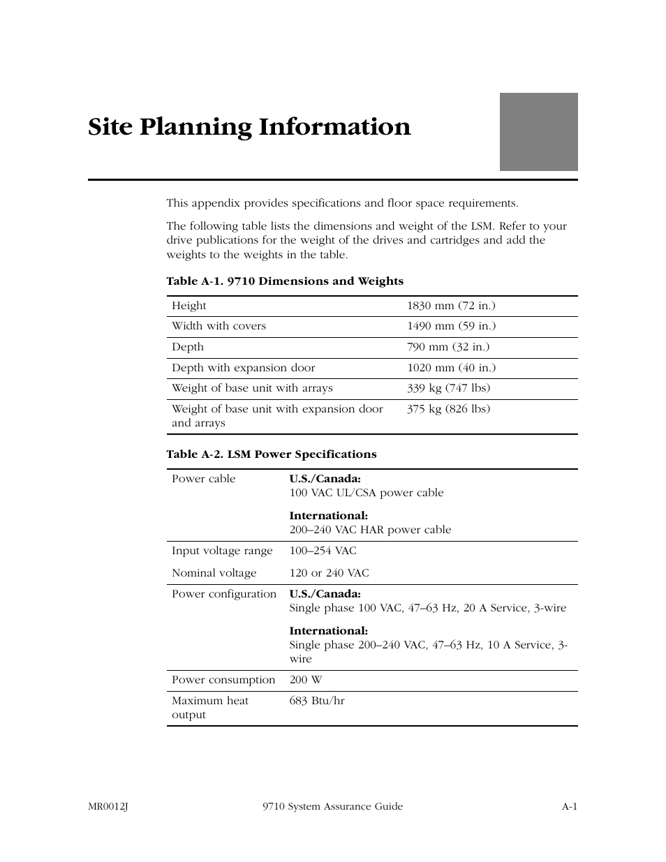 A: site planning information, Appendix a “site planning information, Site planning information | StorageTek 9710 User Manual | Page 75 / 86