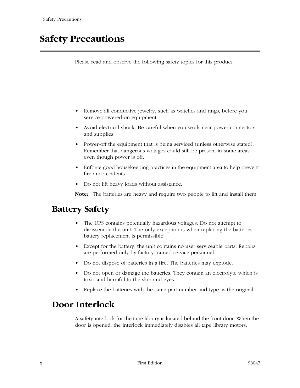 Safety precautions, Battery safety, Door interlock | StorageTek L700 User Manual | Page 12 / 56