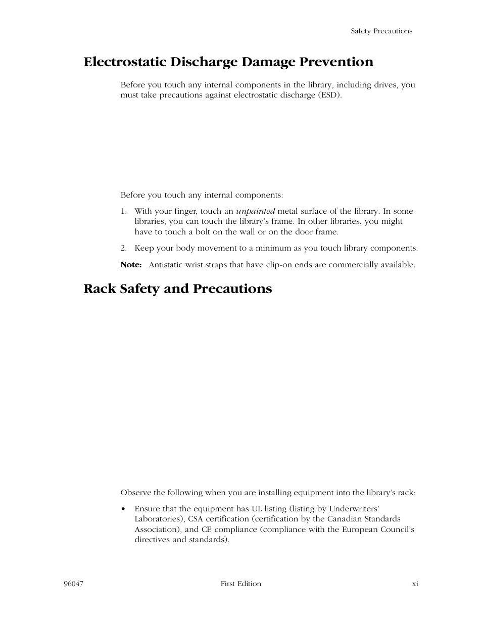 Electrostatic discharge damage prevention, Rack safety and precautions | StorageTek L700 User Manual | Page 13 / 56