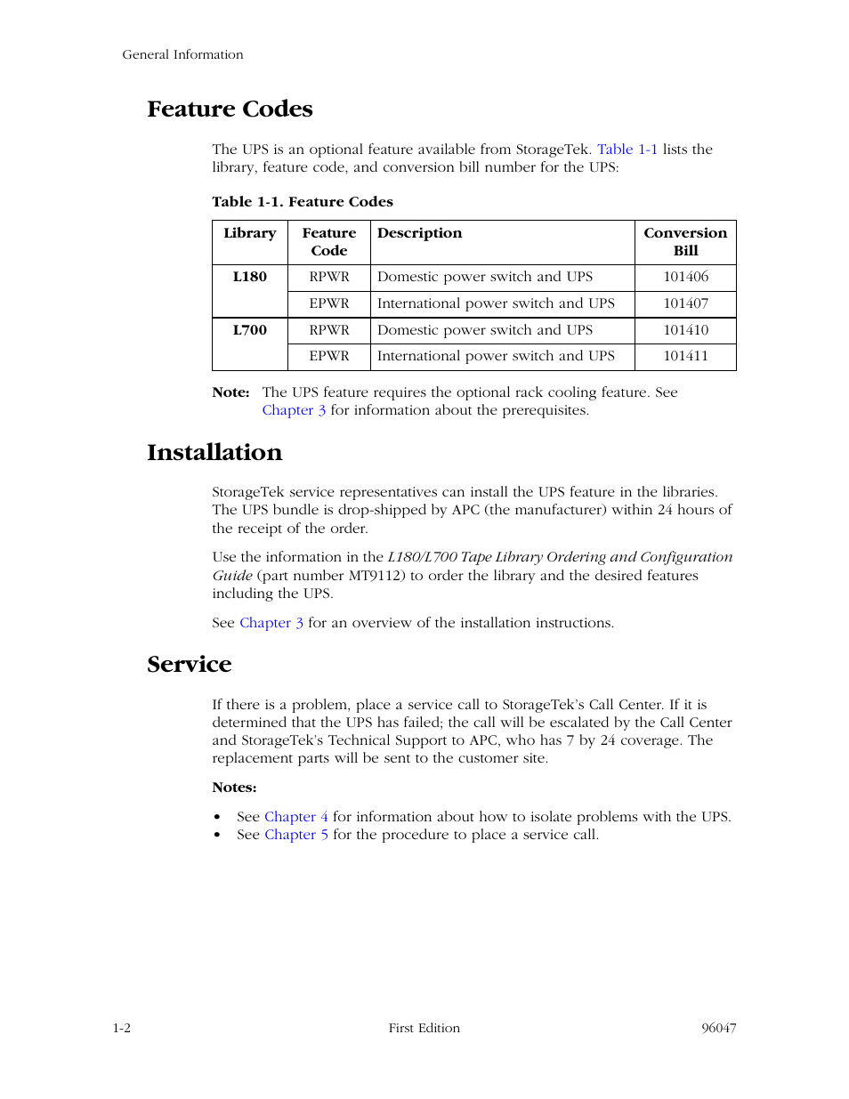 Feature codes, Installation, Service | Feature codes -2 installation -2 service -2 | StorageTek L700 User Manual | Page 18 / 56