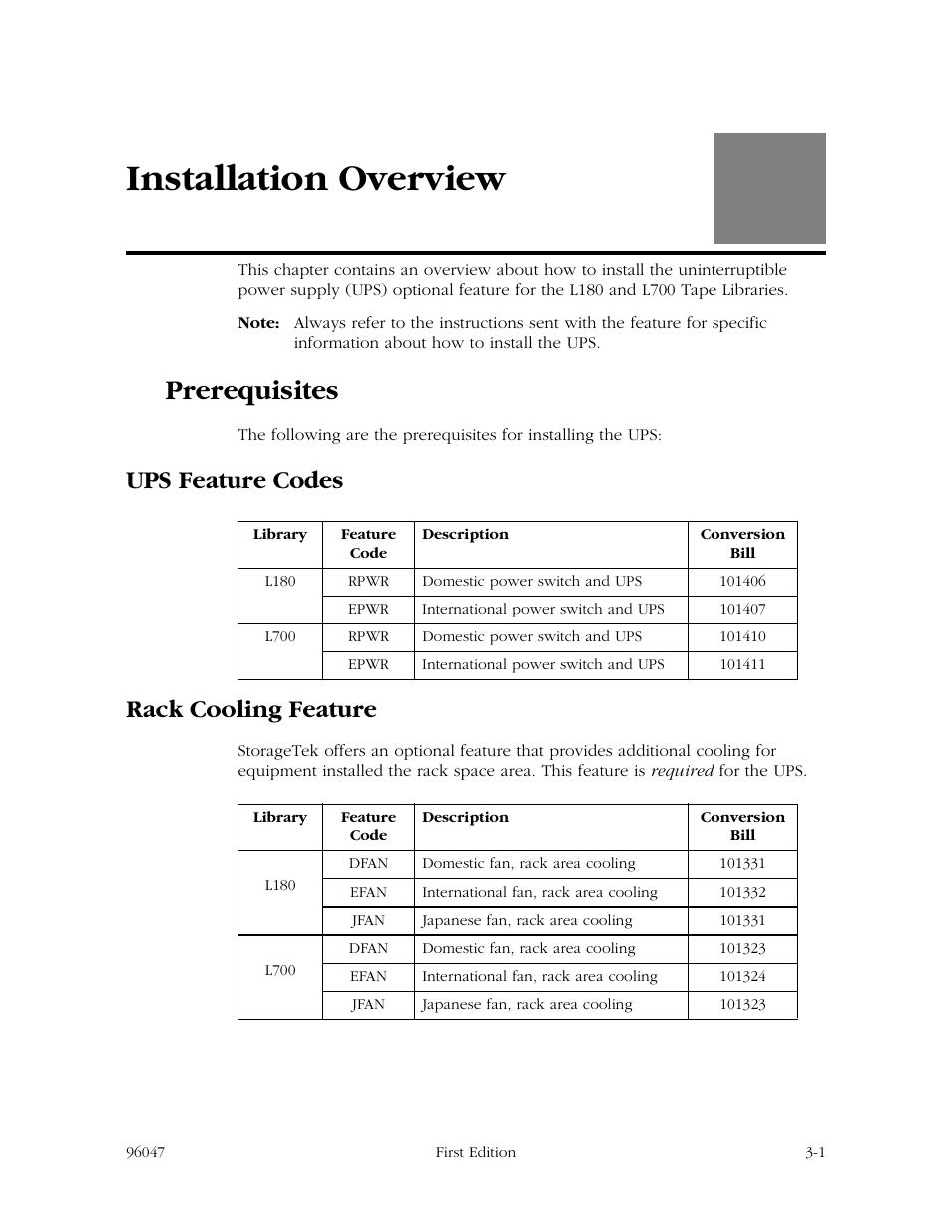 Installation overview, Prerequisites, Ups feature codes | Rack cooling feature, Installation overview -1, Prerequisites -1, Ups feature codes -1 rack cooling feature -1, Chapter 3, Ups feature codes rack cooling feature | StorageTek L700 User Manual | Page 23 / 56