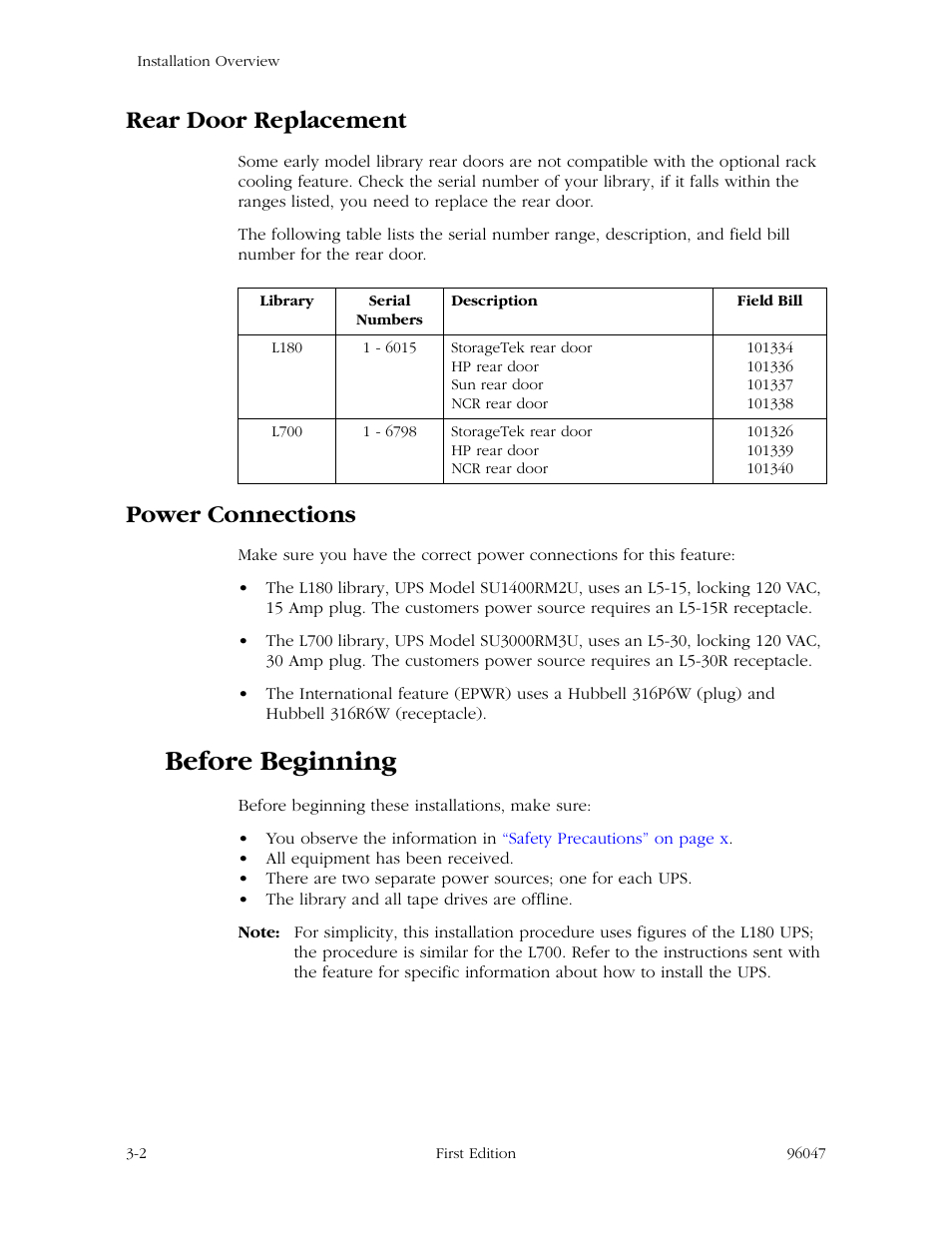 Rear door replacement, Power connections, Before beginning | Rear door replacement -2, Power connections -2, Before beginning -2 | StorageTek L700 User Manual | Page 24 / 56