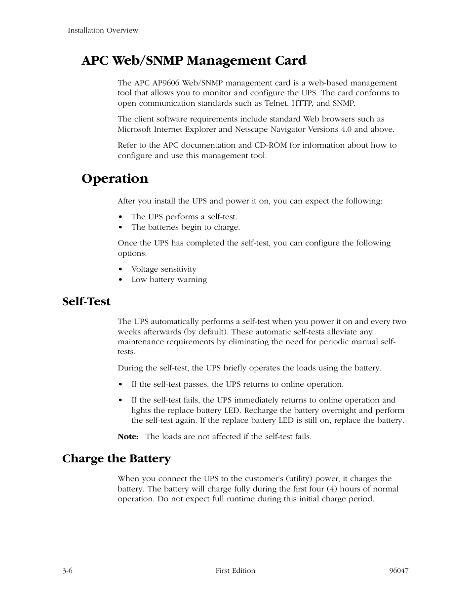 Apc web/snmp management card, Operation, Self-test | Charge the battery, Apc web/snmp management card -6 operation -6, Self-test -6 charge the battery -6 | StorageTek L700 User Manual | Page 28 / 56