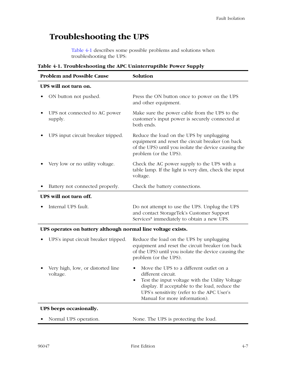 Troubleshooting the ups, Troubleshooting the ups -7 | StorageTek L700 User Manual | Page 37 / 56