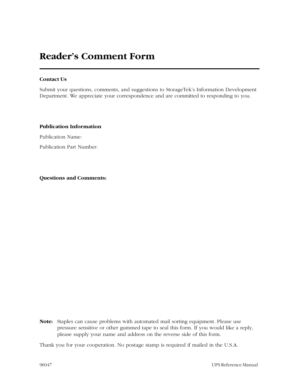 Reader’s comment form | StorageTek L700 User Manual | Page 53 / 56