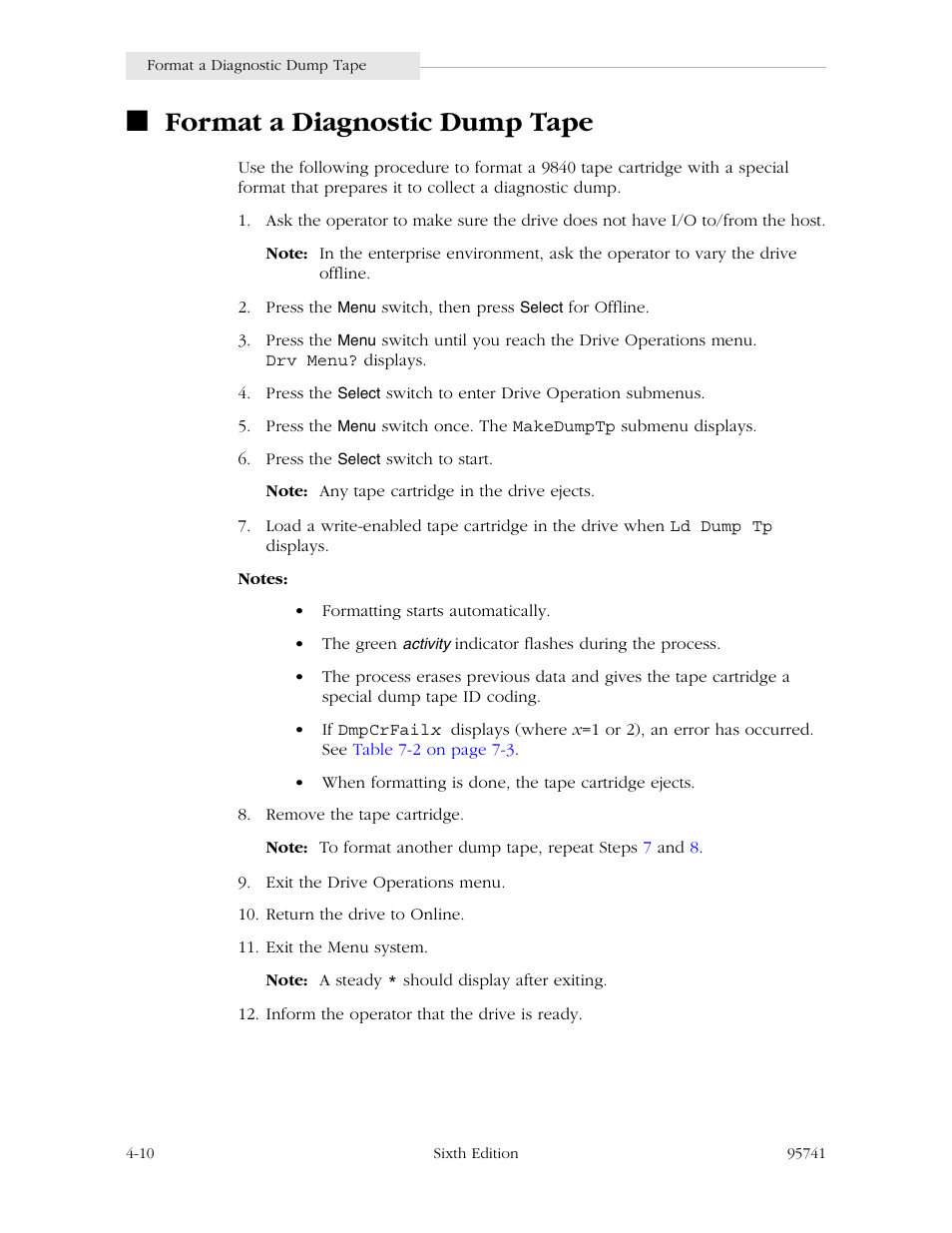 Format a diagnostic dump tape | StorageTek 9840 User Manual | Page 114 / 250