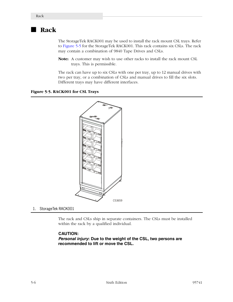 Rack, Rack -6, Figure 5-5. rack001 for csl trays -6 | StorageTek 9840 User Manual | Page 122 / 250