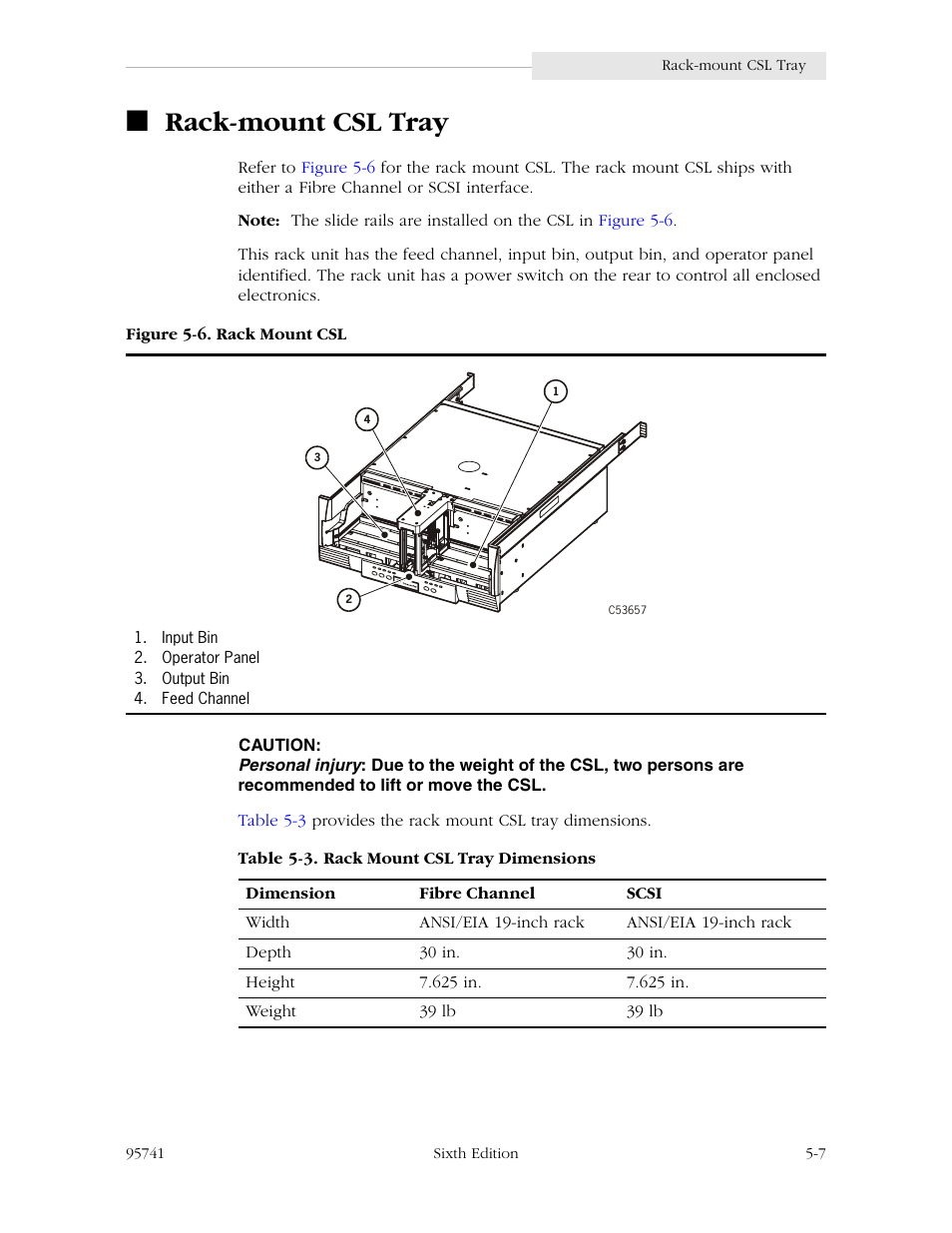 Rack-mount csl tray, Rack-mount csl tray -7, Figure 5-6. rack mount csl -7 | Table 5-3. rack mount csl tray dimensions -7 | StorageTek 9840 User Manual | Page 123 / 250